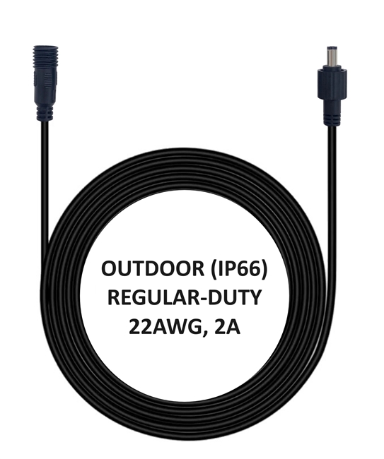 10-ft Power Extension Cable - OUTDOOR RATED (IP66) - REGULAR-DUTY - 22AWG - 2A - M12-1.75 Screw Threads - 5.5mm x 2.1mm Barrel Connectors - Works with Outdoor Battery Eliminator Kits