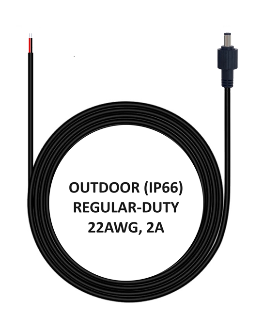 6.5-ft Power Cable - OUTDOOR RATED (IP66) - REGULAR-DUTY - 22AWG - 2A - 5.5mm x 2.1mm Male Barrel Plug with M12-1.75 Screw Threads - Pair of Tinned  Bare Conductors - Works with Outdoor Battery Eliminator Kits